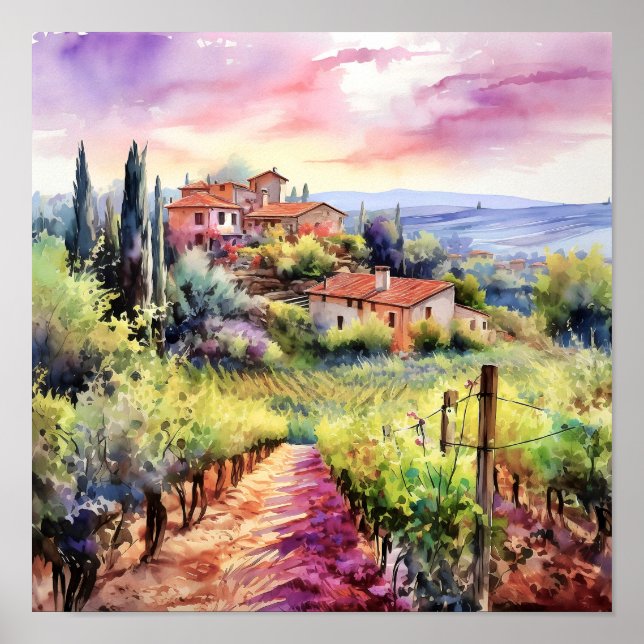 Poster Toscânia Winery Watercolor Art (Frente)