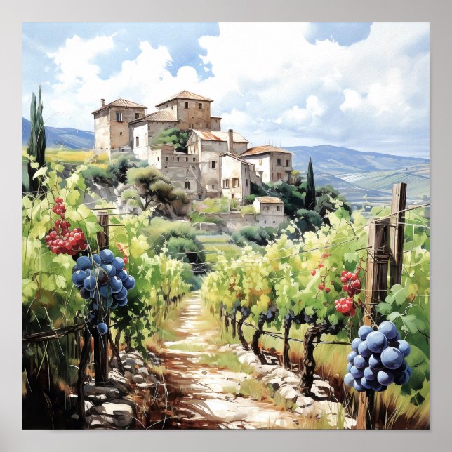 Poster Toscânia Winery Watercolor Art (Frente)