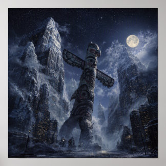 Poster Tótem Místico Sob o Céu Iluminado pela Lua