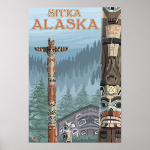 Póster Totem pólos - Sitka de Alaska, Alaska