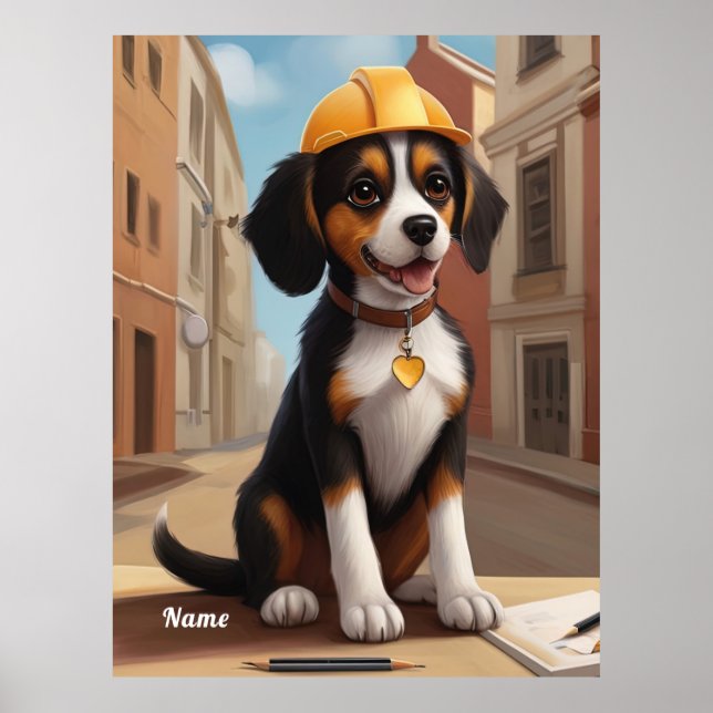Poster Trabalhador Adorável de Construção Cão Cachorro Ar (Frente)