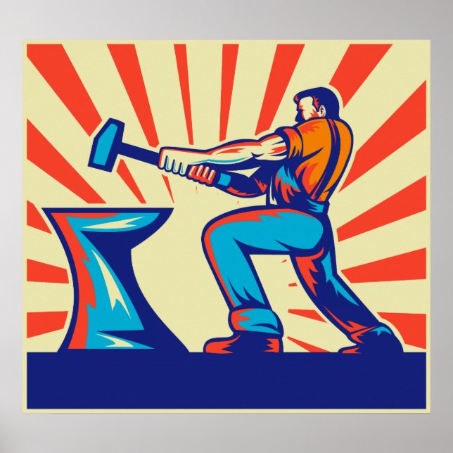 Póster Trabalhador de ferreiro com martelo e bigorna (Frente)