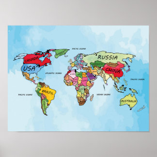 Poster Trabalho de arte de aquarela do World Map