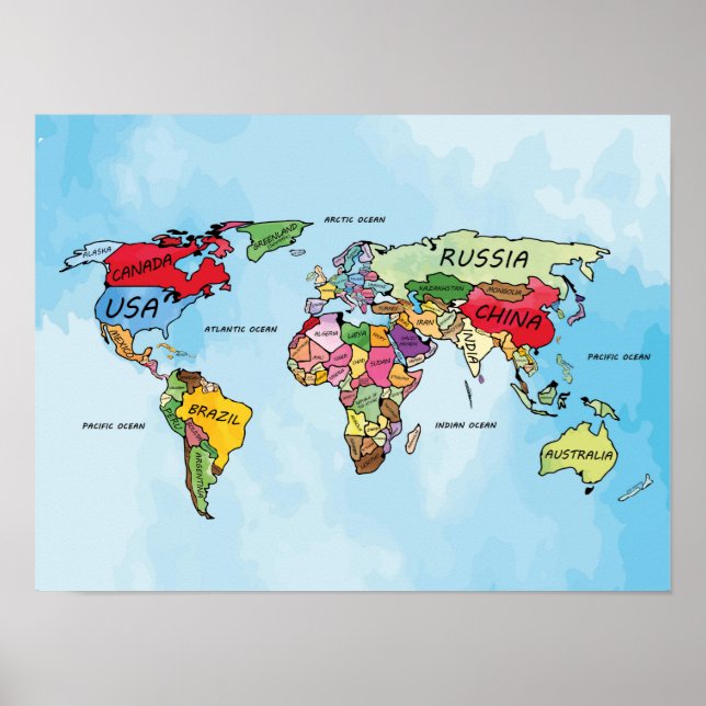 Poster Trabalho de arte de aquarela do World Map (Frente)