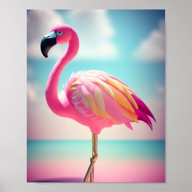 Poster Trabalho de arte de flamingo, azul e rosa, pastel (Frente)
