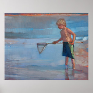 Póster Trabalho líquido - menino com rede na praia