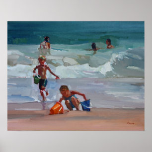 Póster Trabalhos de água - crianças que jogam na praia