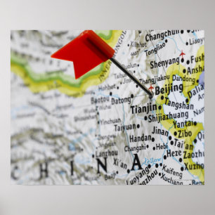Póster Trace o pino colocado em Beijing, China no mapa,