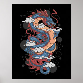 Poster Tradicional Ancional, Dragão Japonês Tatuagem Art