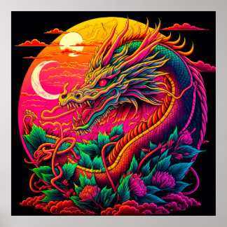 Poster Tradicional Dragão Chinês Colorido Design