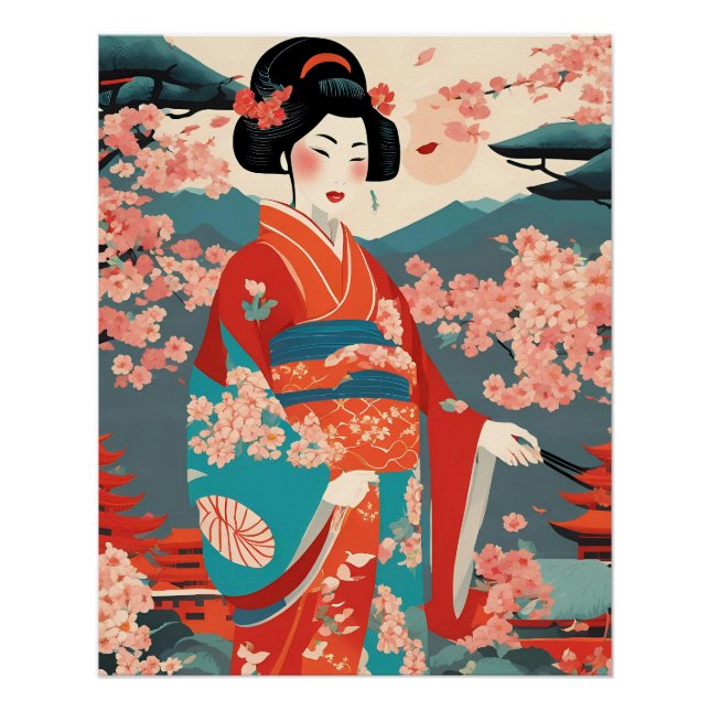 Póster Tradicional Japonesa Kimono Woman Vintage Art (Frente)