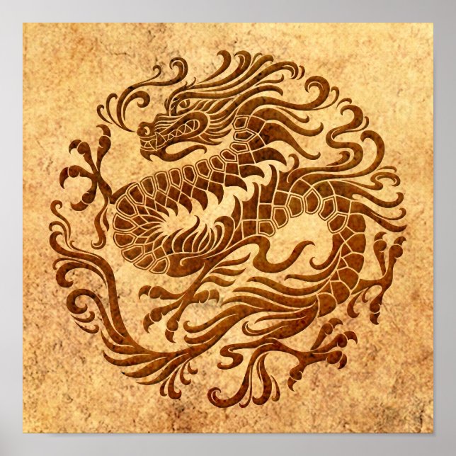 Póster Tradicional Vintage e Círculo de Dragão Chinês Ves (Frente)