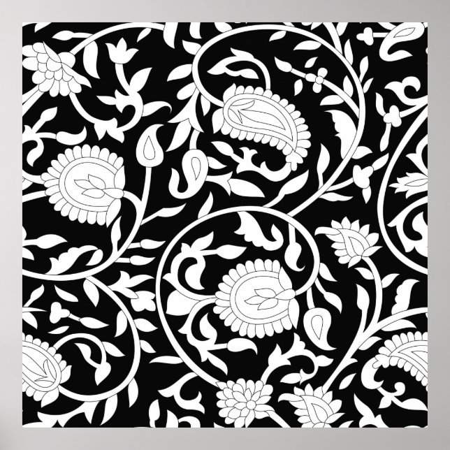 Poster Traditional indian paisley pattern on black and wh (Frente)