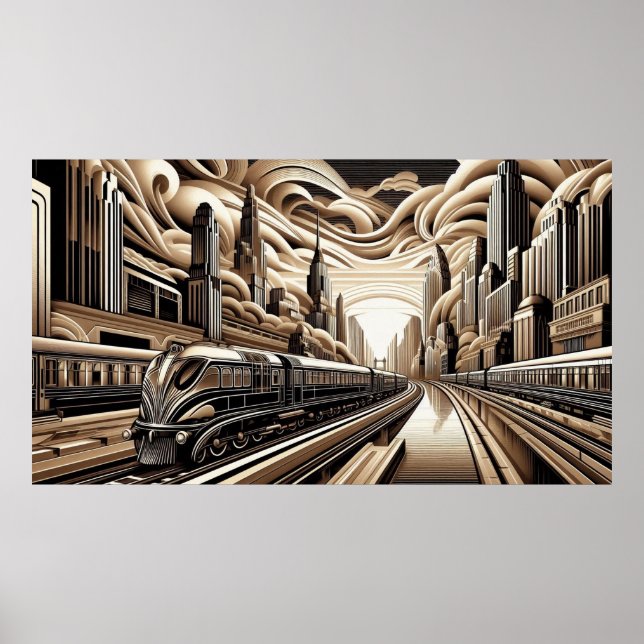 Poster Train Art Deco Style gold copper black white (Frente)