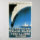 Poster Train Bleu Cote D'Azur French Art Deco Viagem<br><div class="desc">Reprodução de poster de viagens vintage para o "comboio Le Nourveau Bleu Vers La Cote D'Azur". Em 1928,  estilo de Deco de Arte excelente em azul,  preto e branco.</div>