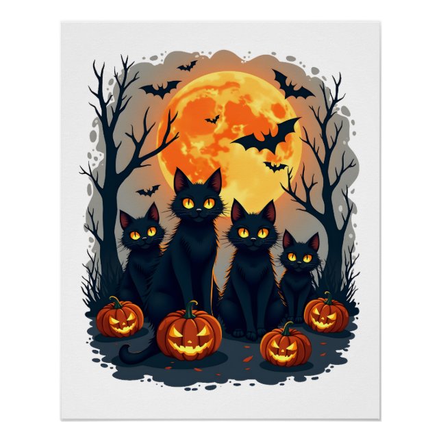 Póster Traje de Halloween de Gato Preto Retro com Abóbora (Frente)