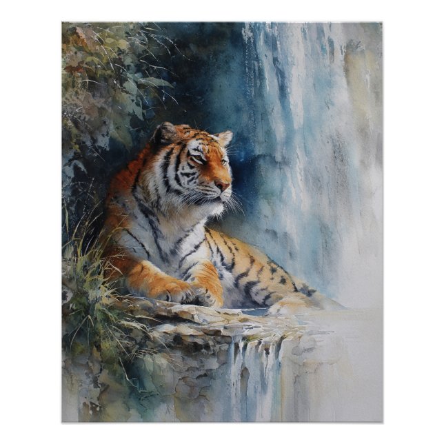 Póster Tranquil Waterfall Tiger Misty Cliff Art (Frente)