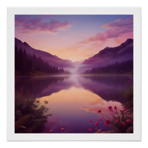 Póster Tranquilo Sunset Sobre Lago Montanha