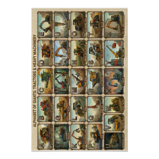 Póster Tratores A-Z e Equipamentos Pesados Alfabeto (Frente)