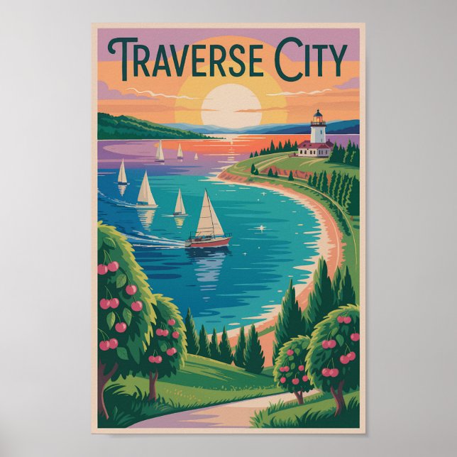 Poster Traverse City Lake Michigan Illustration Viagem (Frente)