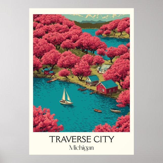Poster Traverse City Michigan Vintage Cherry Blossom Art (Frente)