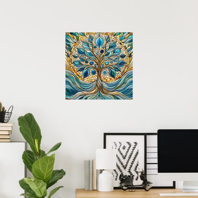 Poster Tree of Life Shattered Glass Mosaic Aqua Blues  (Escritório em casa)