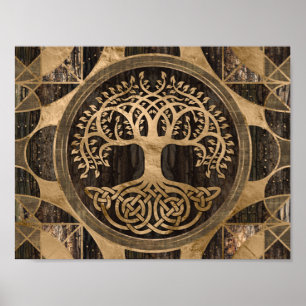 Poster Tree of life -Yggdrasil - Wood Bark and Gold