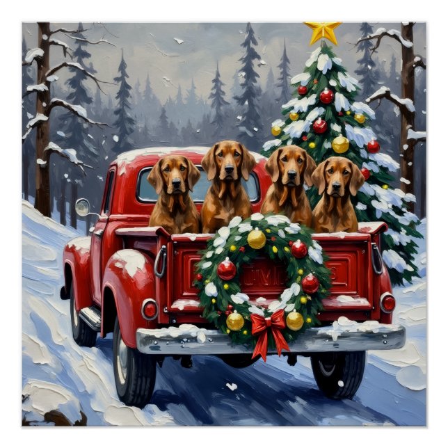 Póster Treeing Walker Coonhound Natal Caminhão Vermelho (Frente)
