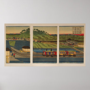 Póster trem a vapor na costa de Takanawa, Tóquio