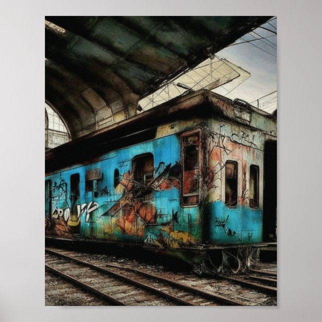 Poster Trem Abandonado com Arte Urbana de Grafite (Frente)