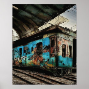 Poster Trem Abandonado com Arte Urbana de Grafite