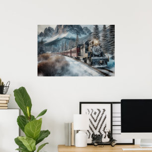 Poster Trem Antigo em Trilhos de Inverno com Montanhas