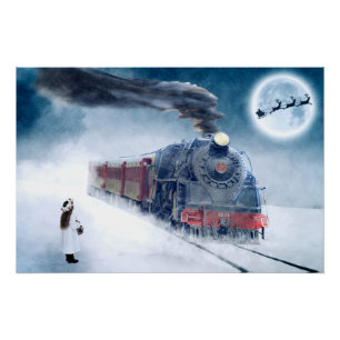 Póster Trem da meia-noite do Natal com menina e papai