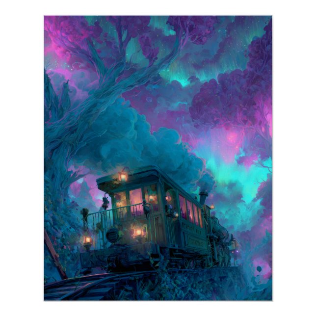 Póster Trem de Floresta Mística Roxo Azul Turquesa Arte F (Frente)