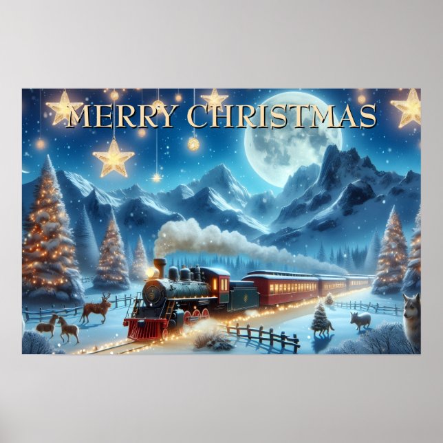 Poster Trem de Natal ao Luar com Animais da Floresta (Frente)