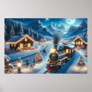 Poster Trem de Natal Através da Aldeia Nevada à Noite