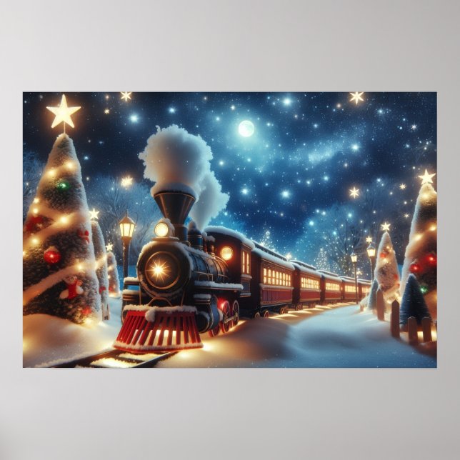 Poster Trem de Natal sob o Céu Estrelado ao Luar (Frente)