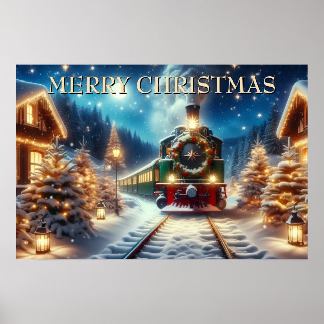 Poster Trem de Natal Verde em Vila Nevada (Frente)