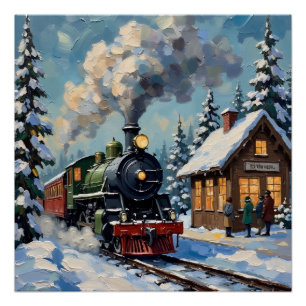 Póster Trem de vapor de Natal vintage na estação nevada