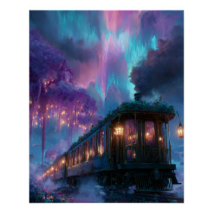 Póster Trem Encantado da Aurora sob o Céu Estrelado