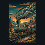 Poster Trem Expresso Western Art Deco, Arte de Parede Geo<br><div class="desc">Arte de parede do trem Expresso Western Art Deco apresentando uma locomotiva a vapor estilizada cruzando uma paisagem desértica robusta com montanhas geométricas e cactos saguaro. Padrões intricados Art Deco nas trilhas de fumaça e detalhes do motor são renderizados em tons profundos de teal, bronze e pôr do sol dourado....</div>
