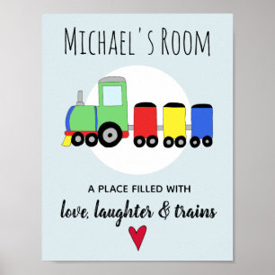 Póster Trem Locomotiva Colorida Nome de Menino Berçário