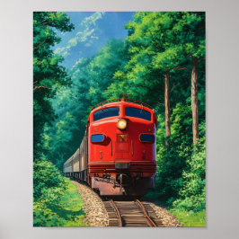 Poster Trem Locomotiva Vermelha Cênica Floresta Montanhos