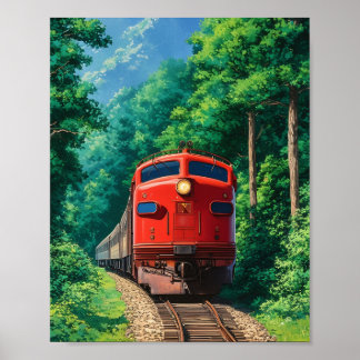 Poster Trem Locomotiva Vermelha Cênica Floresta Montanhos