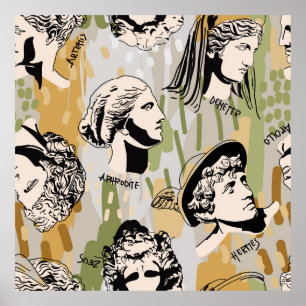 Poster Trending Greek Gods Art Portrait Seamless Pattern.