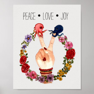 Poster Trendy Boho Floral Octopus Sinal de Paz Watercolor