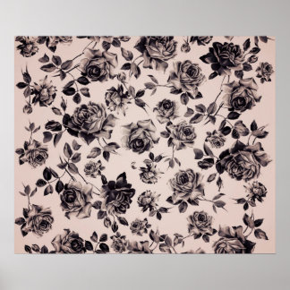 Póster Trendy Chic White & Black Vintage Elegante Floral