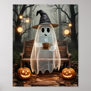 Poster Trendy Cute Ghost com Café na Floresta