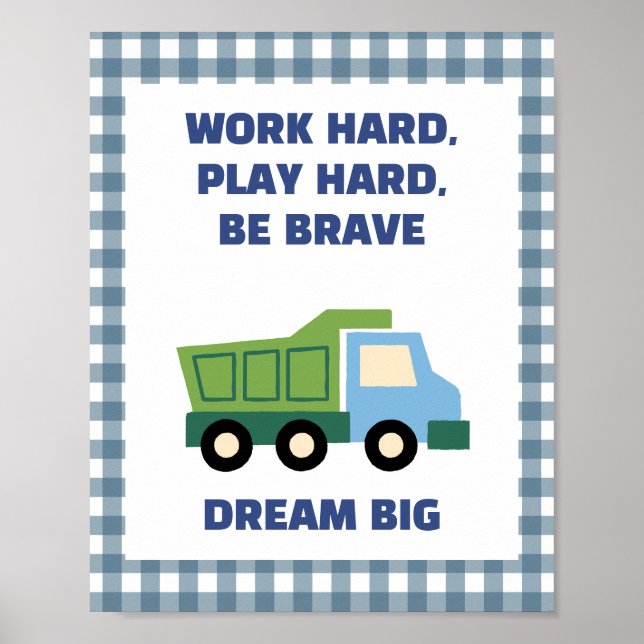 Poster Trendy Gingham Blue Work Hard Play Hard Boys Room  (Frente)