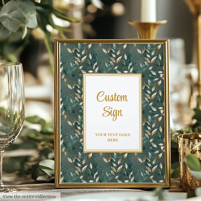 Poster Trendy Hunter Green Dourado Foliage Personalizado (Trendy Hunter Green Gold Foliage Wedding Custom Poster)